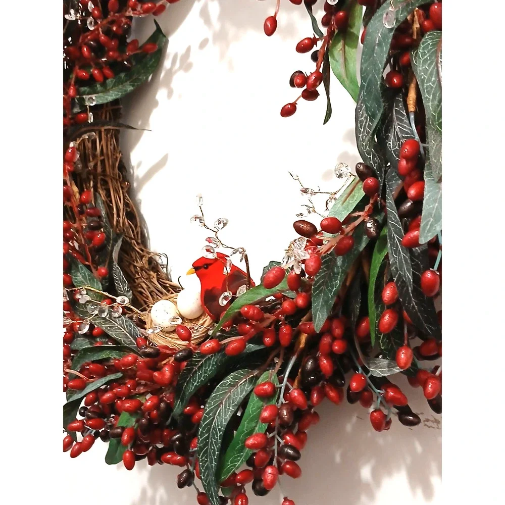 Winter Berries Door Wreath Realistic Red CARDINAL‎ Egg Nest Holiday Ice Crystals